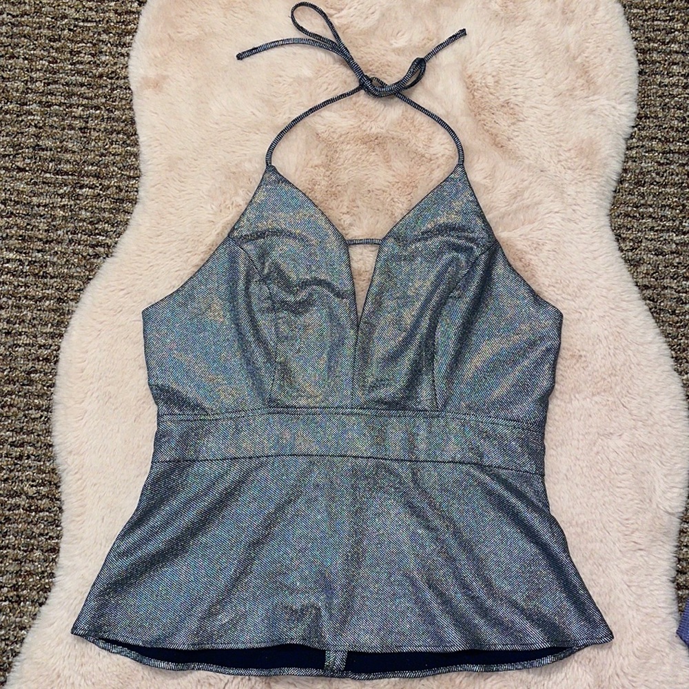NWOT Silver metallic Express Peplum Plunge Neck Halter Top New